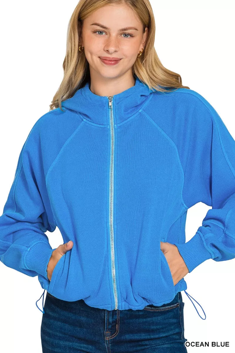 Zenana Fleece Pigment Dye Zip Up Hoodie with Pockets in Ocean