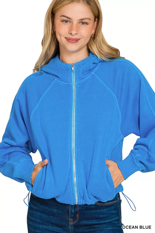 Zenana Fleece Pigment Dye Zip Up Hoodie with Pockets in Ocean