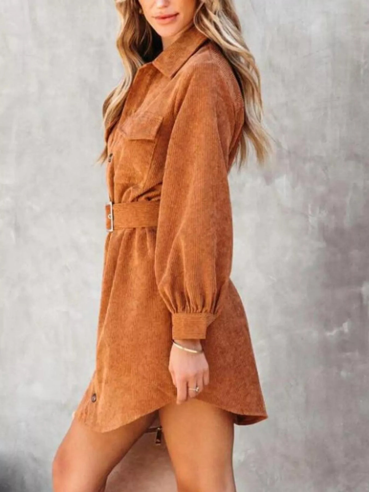 Button Front Belt Long Sleeve Corduroy Dress