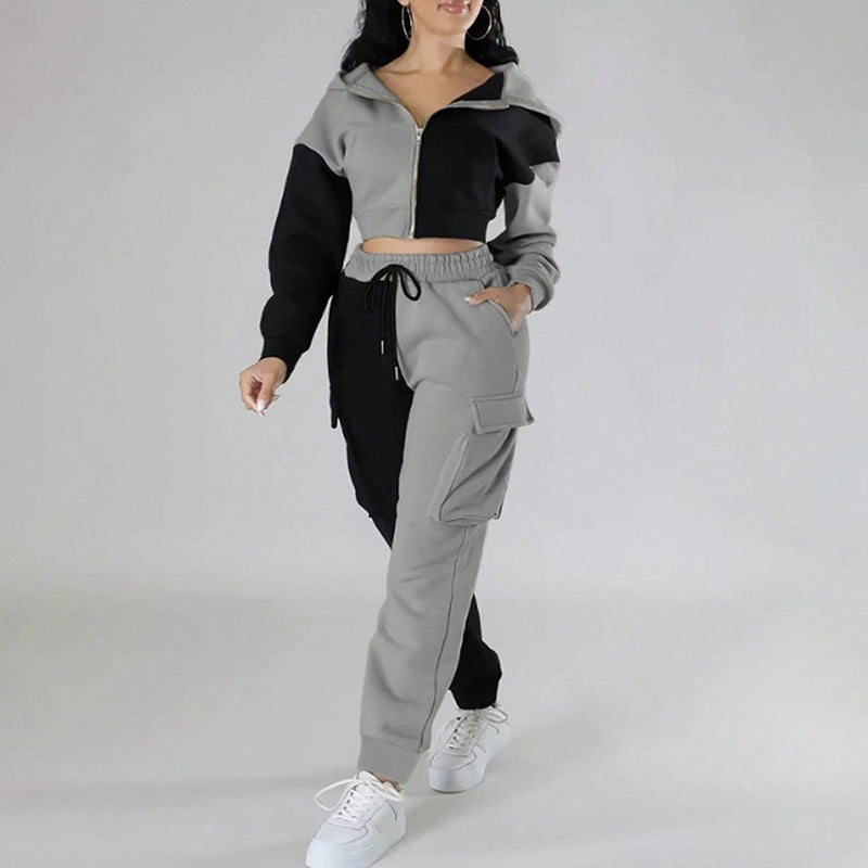 Women's Color Block 2 Piece Set, Full Zip Up Cropped Hoodie Jacket & Drawstring Cargo Pants, Casual Streetwear Outfit See size chart under “more details”