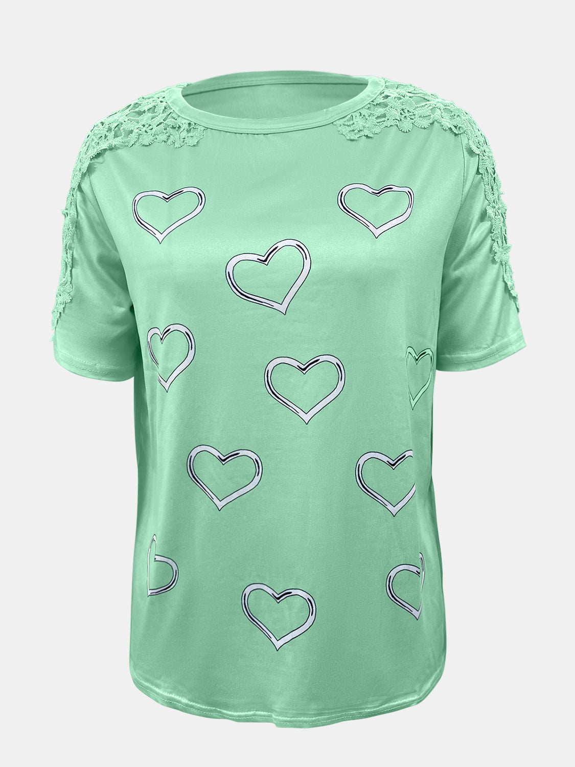 Camiseta de manga corta con cuello redondo, detalle de encaje y corazón, talla grande