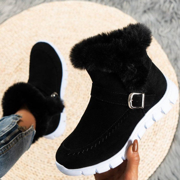 Botas de Nieve Nuevas Botines Gruesos Cálidos de Invierno de Color Sólido con Peluche y Diseño de Hebilla Zapatos Planos de Terciopelo para Mujer