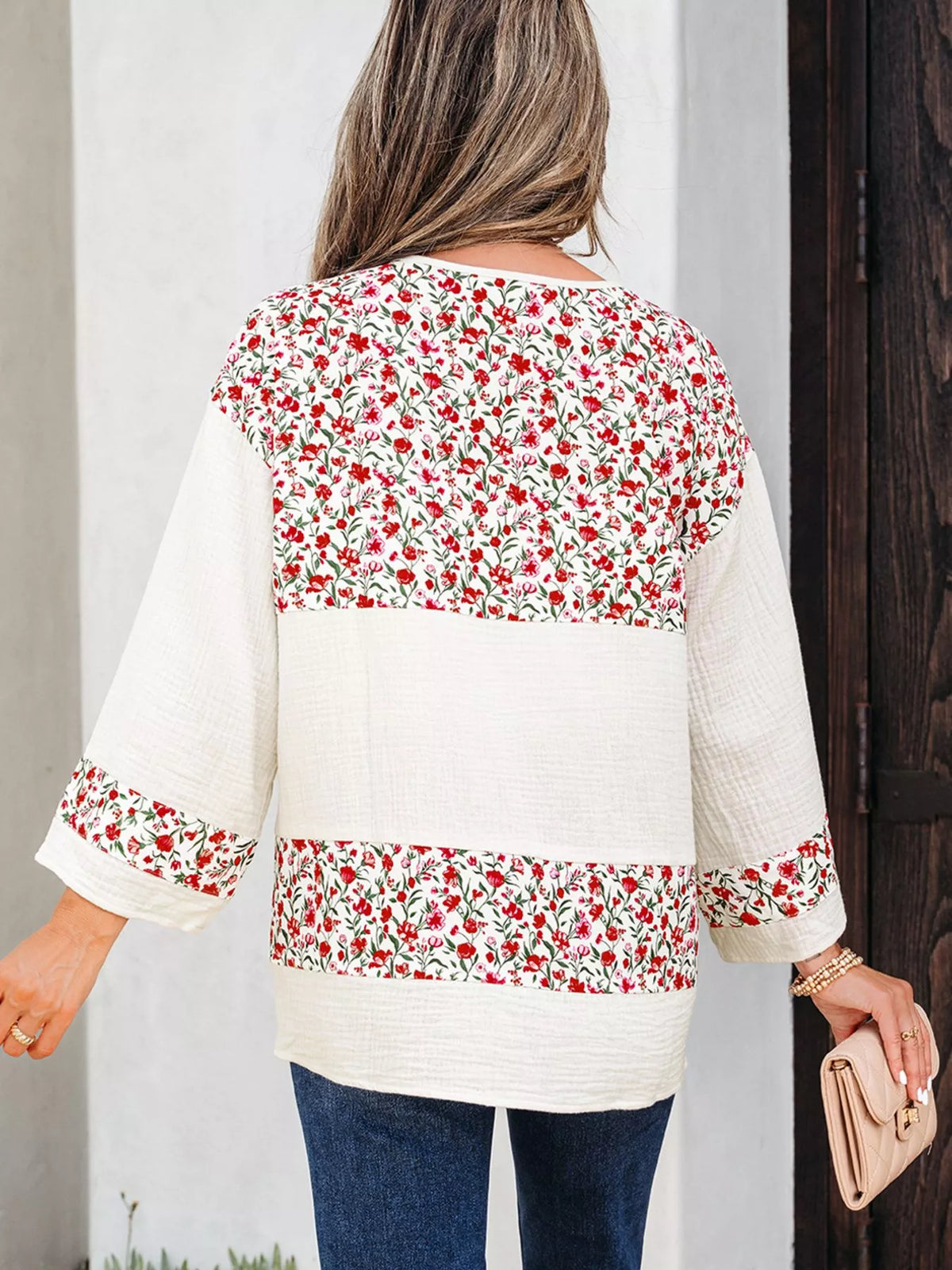 Floral Print Henley Button 3/4 Sleeve Blouse