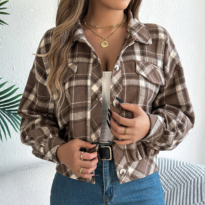 Shacket a cuadros – Chaqueta de camisa de manga larga con botones para mujer