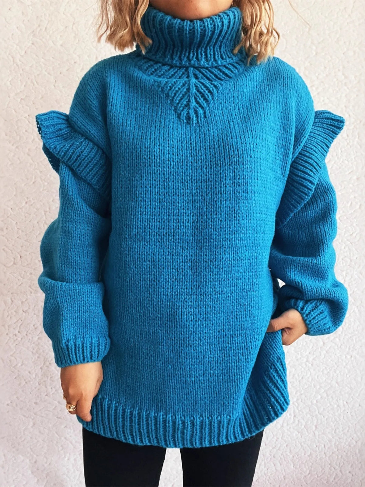 Ruffled Turtleneck Long Sleeve Sweater