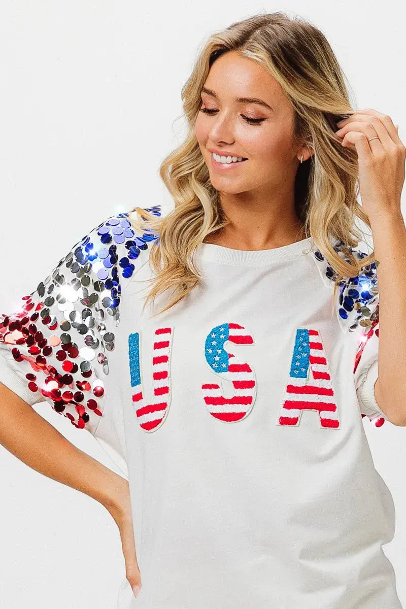 Women's T-Shirt Women's Tee - Sequin American Flag - Patriotic USA Made
