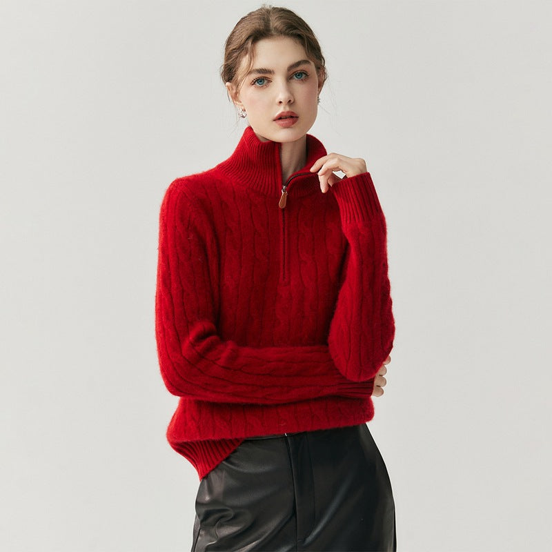 Half-Zip Cable-Knit High-Neck Goat Cashmere Sweater