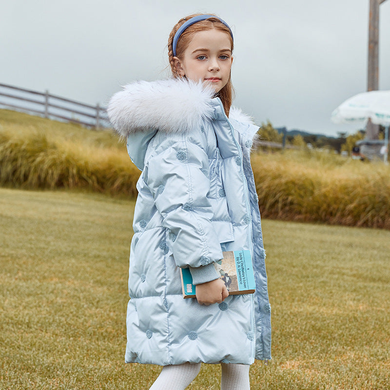 Children's Thickened Korean Large Fur Collar Medium Length Down Jacket
