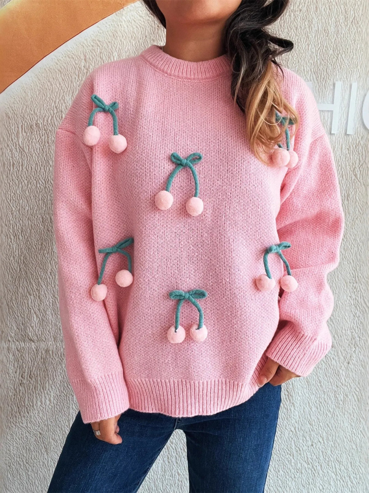 Cherry Round Neck Long Sleeve Sweater