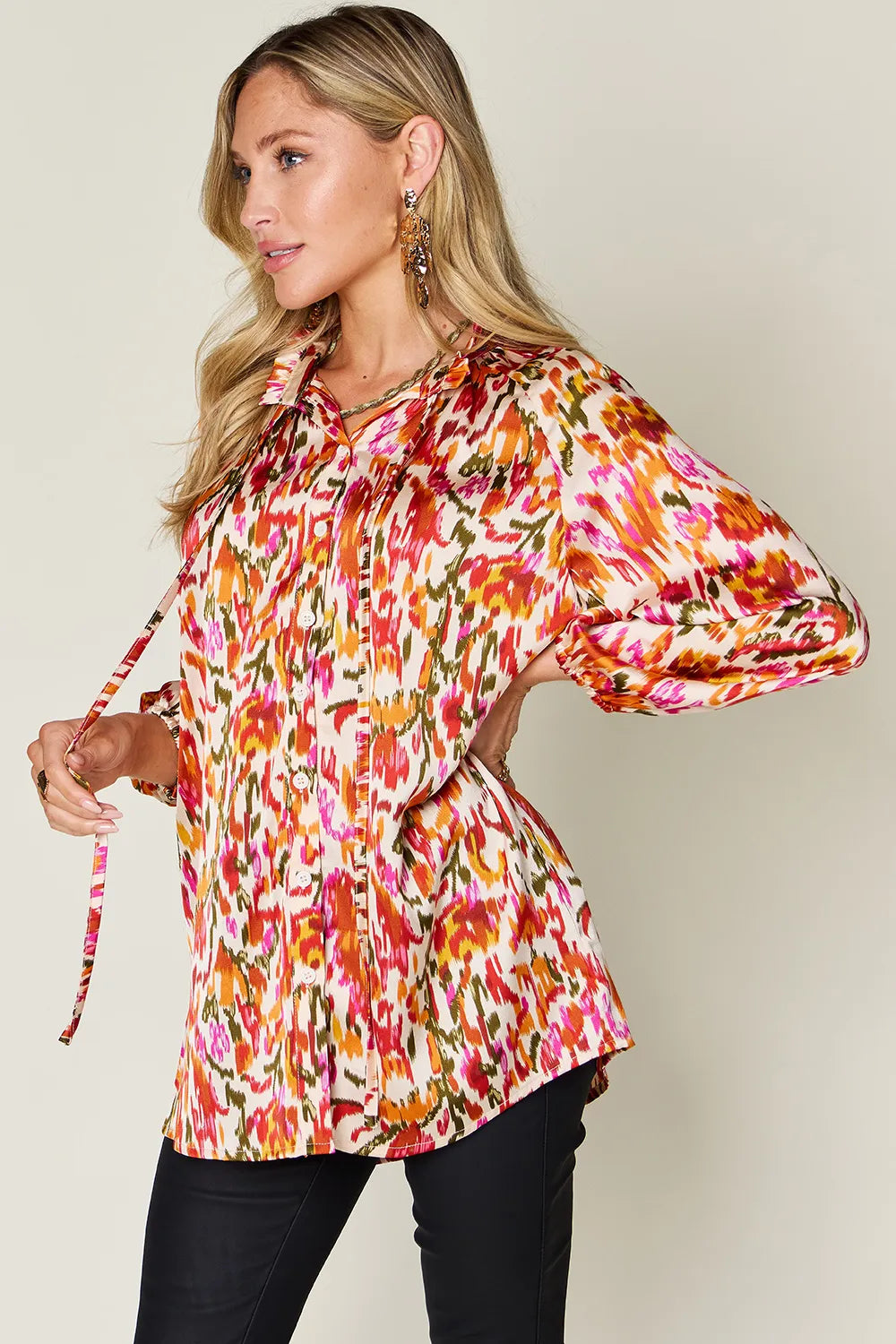 Camisa abotonada de manga larga estampada Full Size Double Take