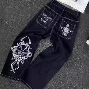 Pantalones casuales de algodón con calavera bordada para hombre, de pierna recta