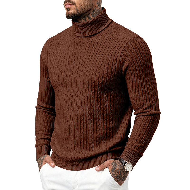 Mens Turtleneck Slim-Fit Vertical-Stripe Casual Long-Sleeve Sweater