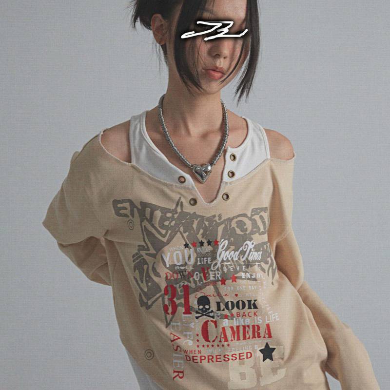 Vintage Print Off Shoulder Long Sleeve T-Shirt