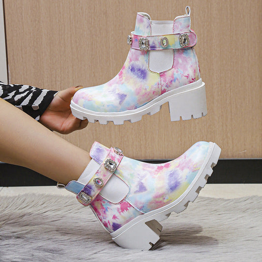 Euro-American Fashion Rhinestone Chunky-heel Trendy Boots See size chart under “more details”