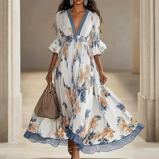 Vestido maxi con estampado floral, cuello en V pronunciado y mangas acampanadas para mujer