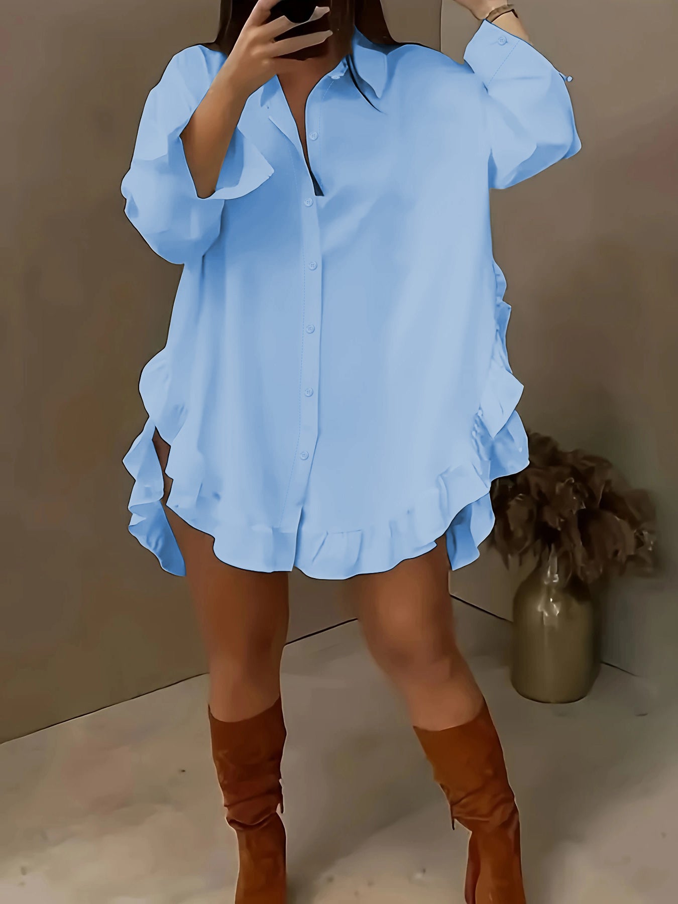 Hem Ruffled Casual Long Sleeve Shirt See size chart under “more details”