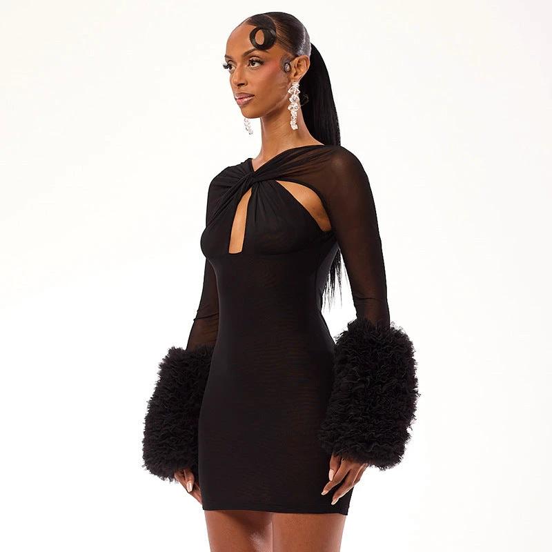 Mesh Cross Hollow-out Long Sleeve Plush Sleeve Slim-fit Sheath Dress