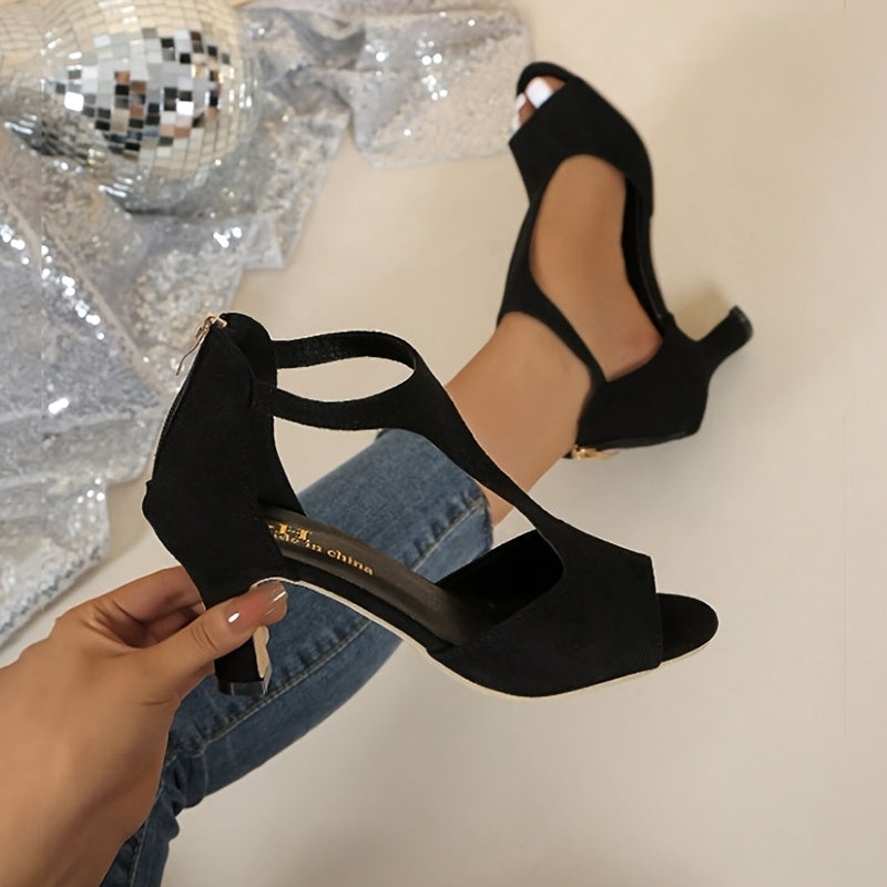 Sandalias elegantes de tacón medio peep-toe negras tipo bota para mujer con cremallera trasera