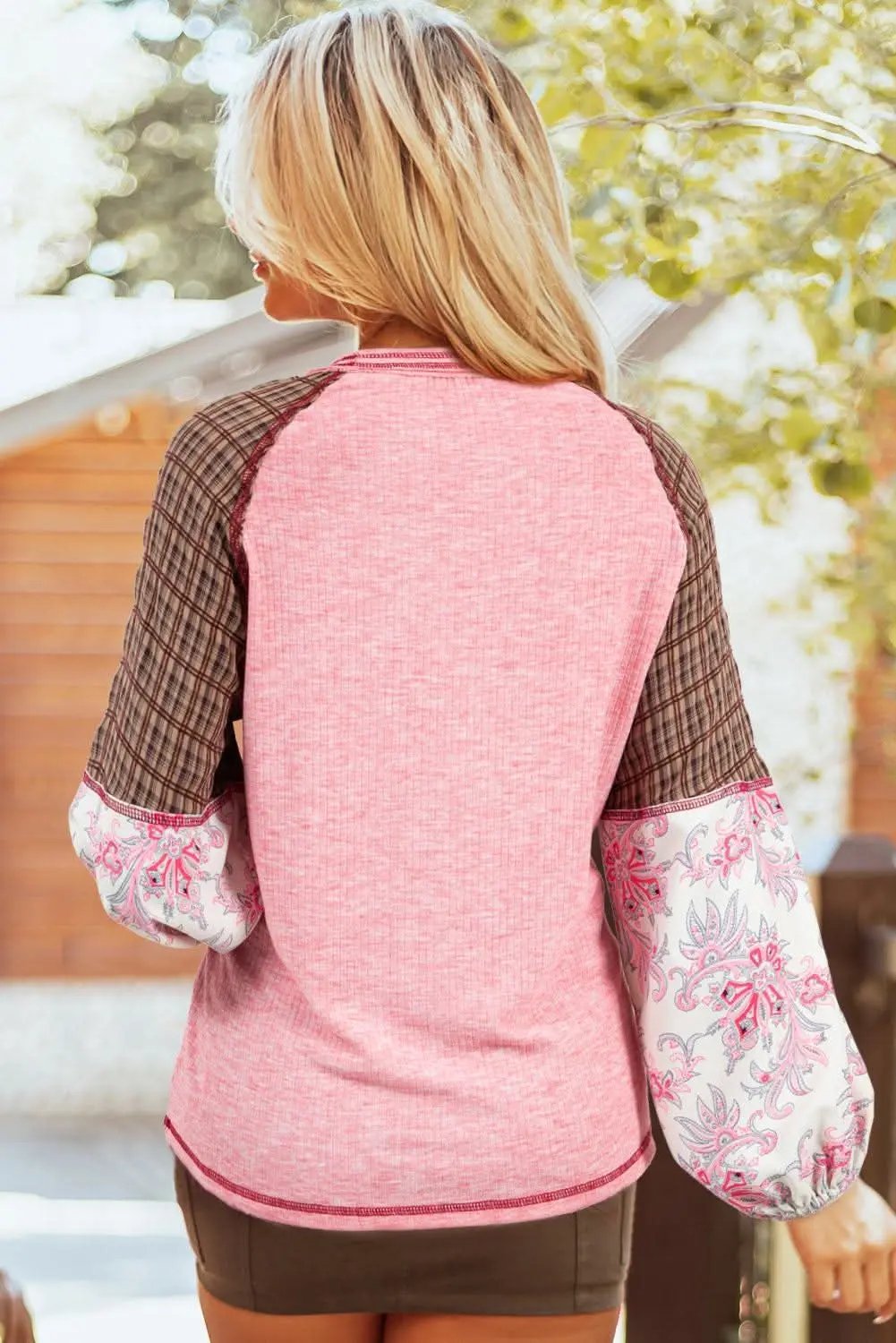 Sweaters Love Salve Fushia Patchwork Top Women's Casual Knit Top: Ribbed & Raglan