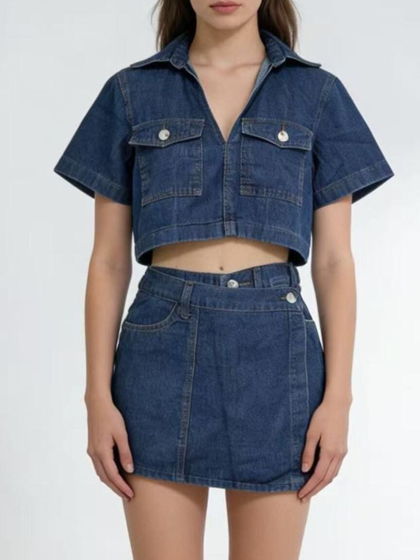 Short Sleeve Cropped Top and Skort Denim Set