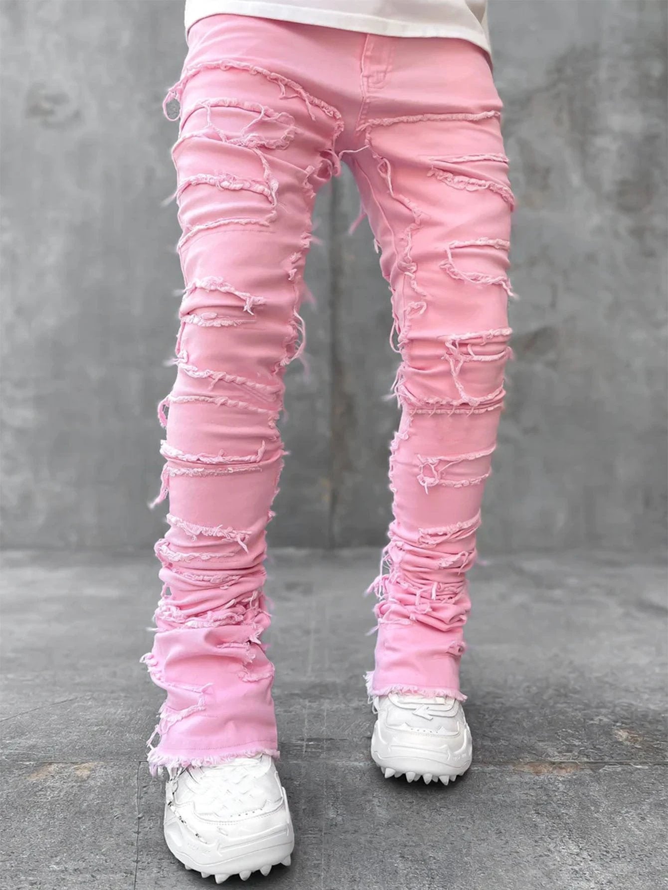 Men's Individual Patched Pants Long Tight Fit Stacked Jeans