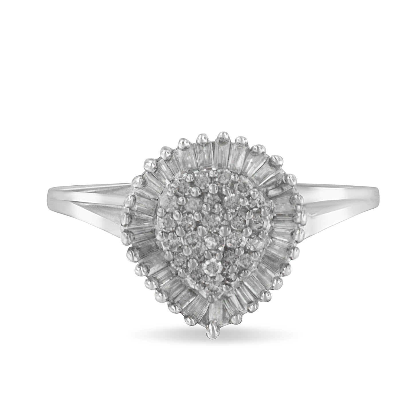 10K White Gold 1/2 Cttw Round & Baguette Cut Diamond Pear Shaped Domed PavÃ© Cluster with Halo Cocktail Ring (H-I Color, SI1-SI2 Clarity) - Size 5