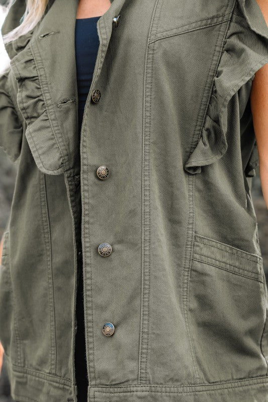 Denim Patchwork Ruffle Sleeve Jacket Vest See size chart under “more details”