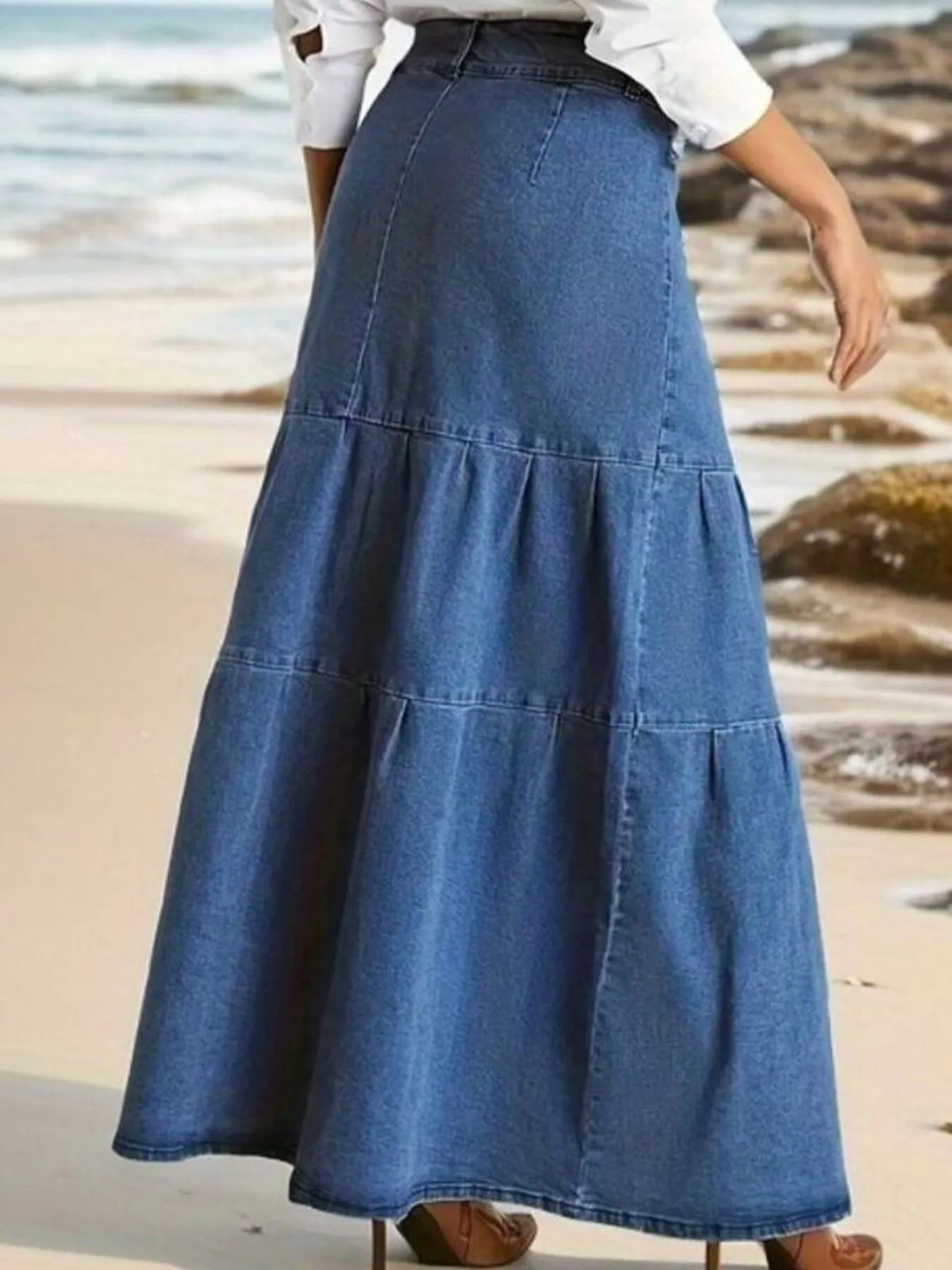 Tiered Maxi Denim Skirt with Zipper Detail