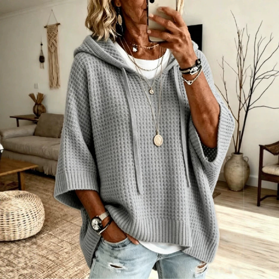 Womens Solid-color Casual Loose-fitting Hooded Sweater