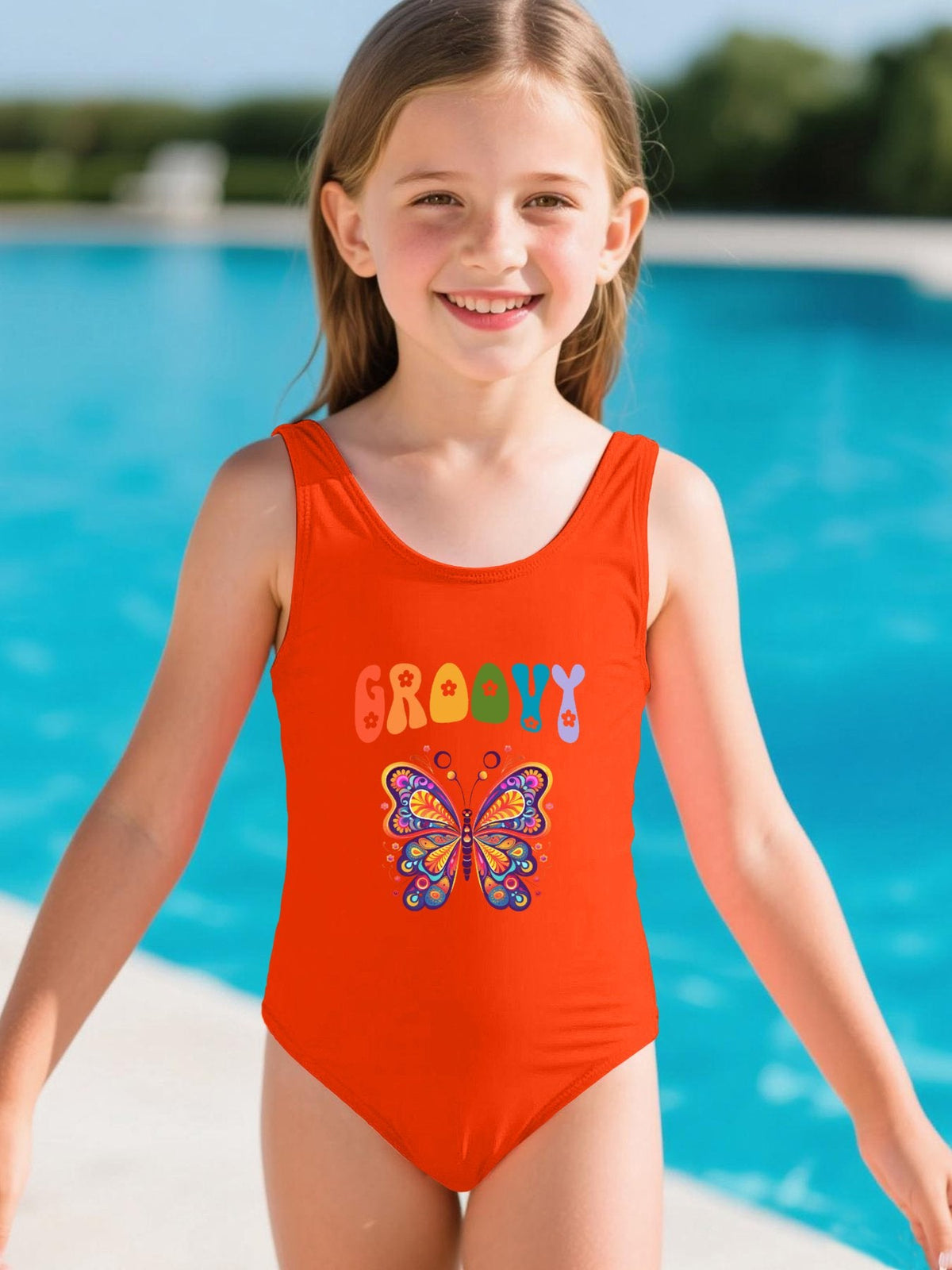 Groovy Butterfly Girls' Summer One-Piece Swimsuit (Front Printing)