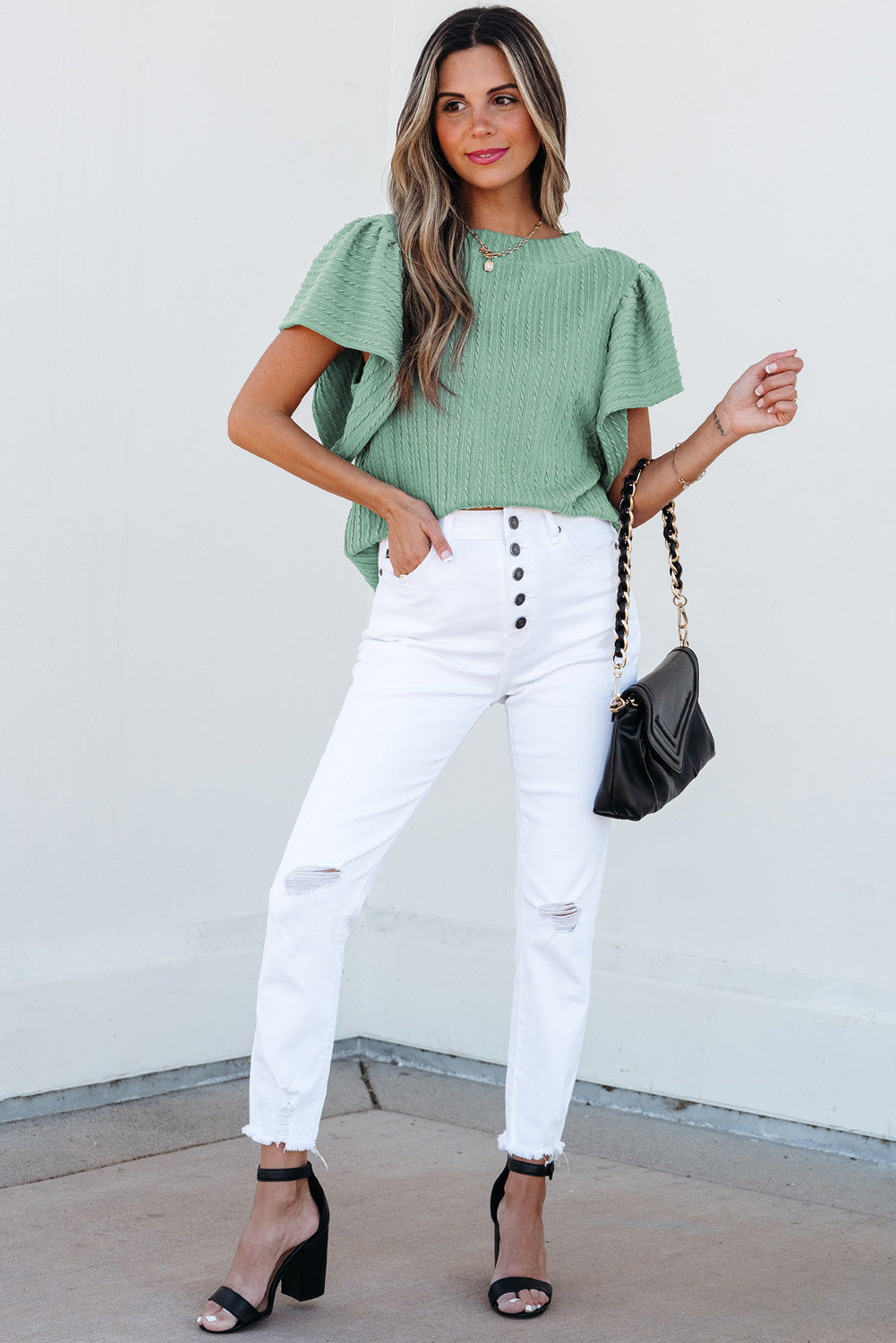 Top Moonlight Jade liso texturizado con manga con volantes