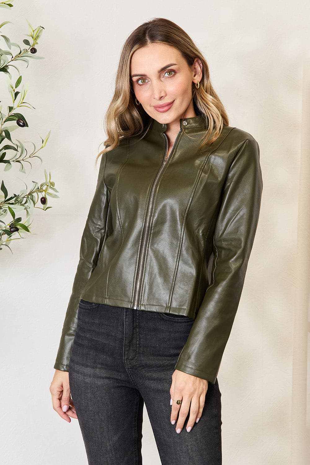 Trendsi Mock Neck Zip-Up Jacket Black