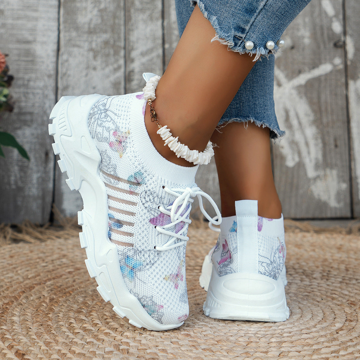 Butterfly Print Mesh Sneakers Women's Flat Heel Casual Shoes Fashion Running Jogging Walking Sports Shoes