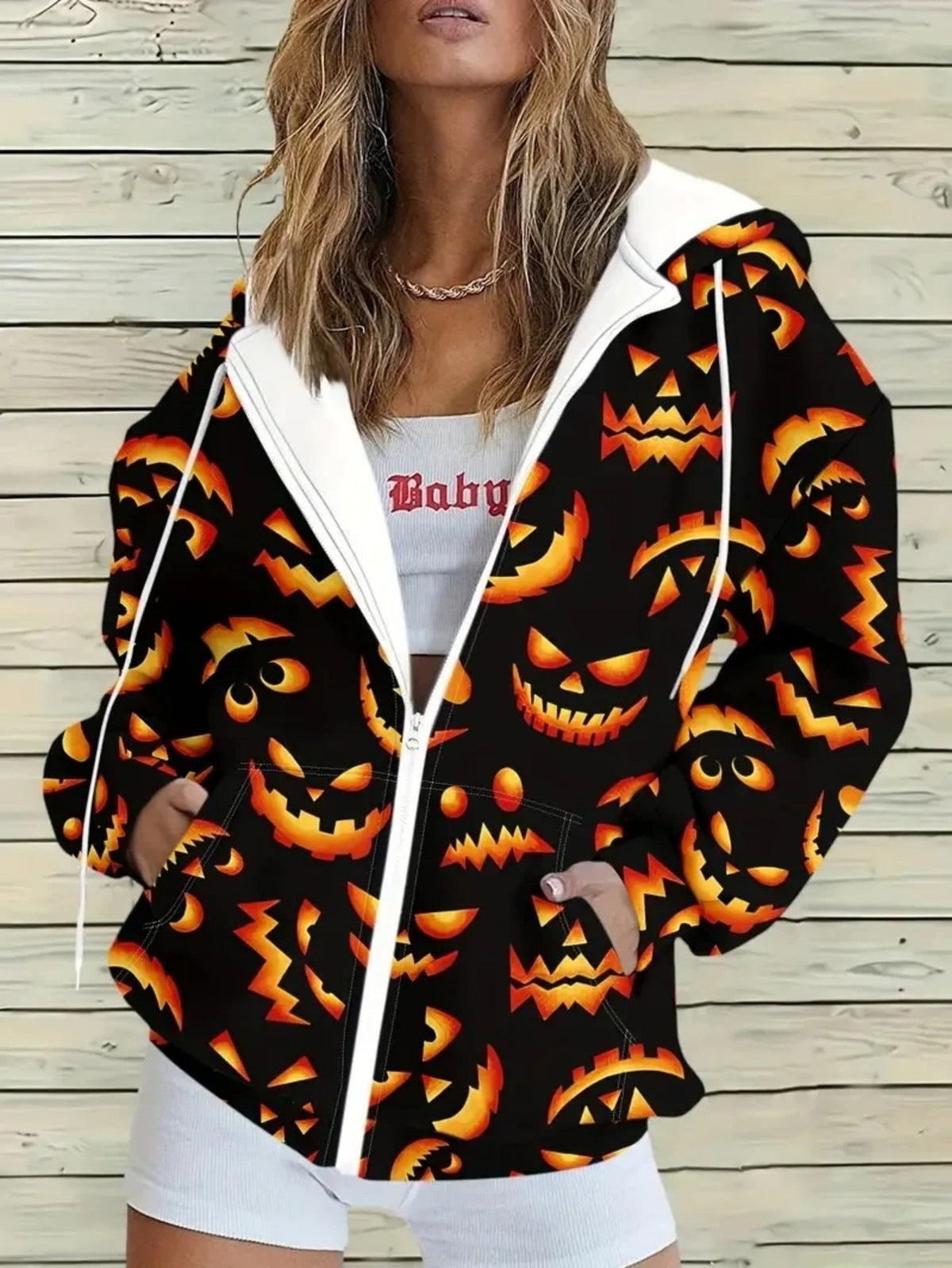 European And American Style Halloween Hooded Cardigan Women's Top Creative Skull Floral Wing Print Ladies Zip-Up Jacket