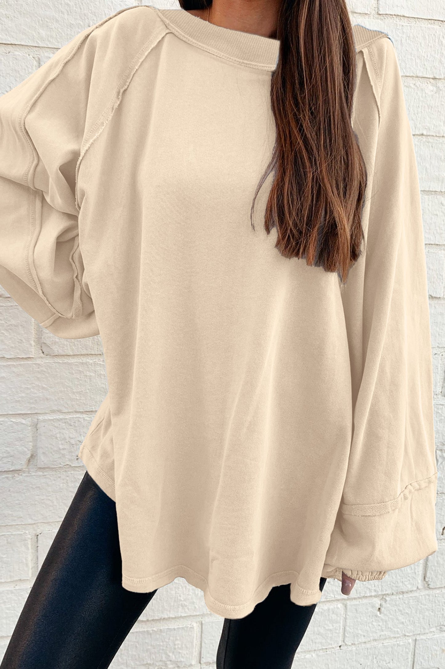 Sudadera holgada patchwork con costura sin rematar color beige liso