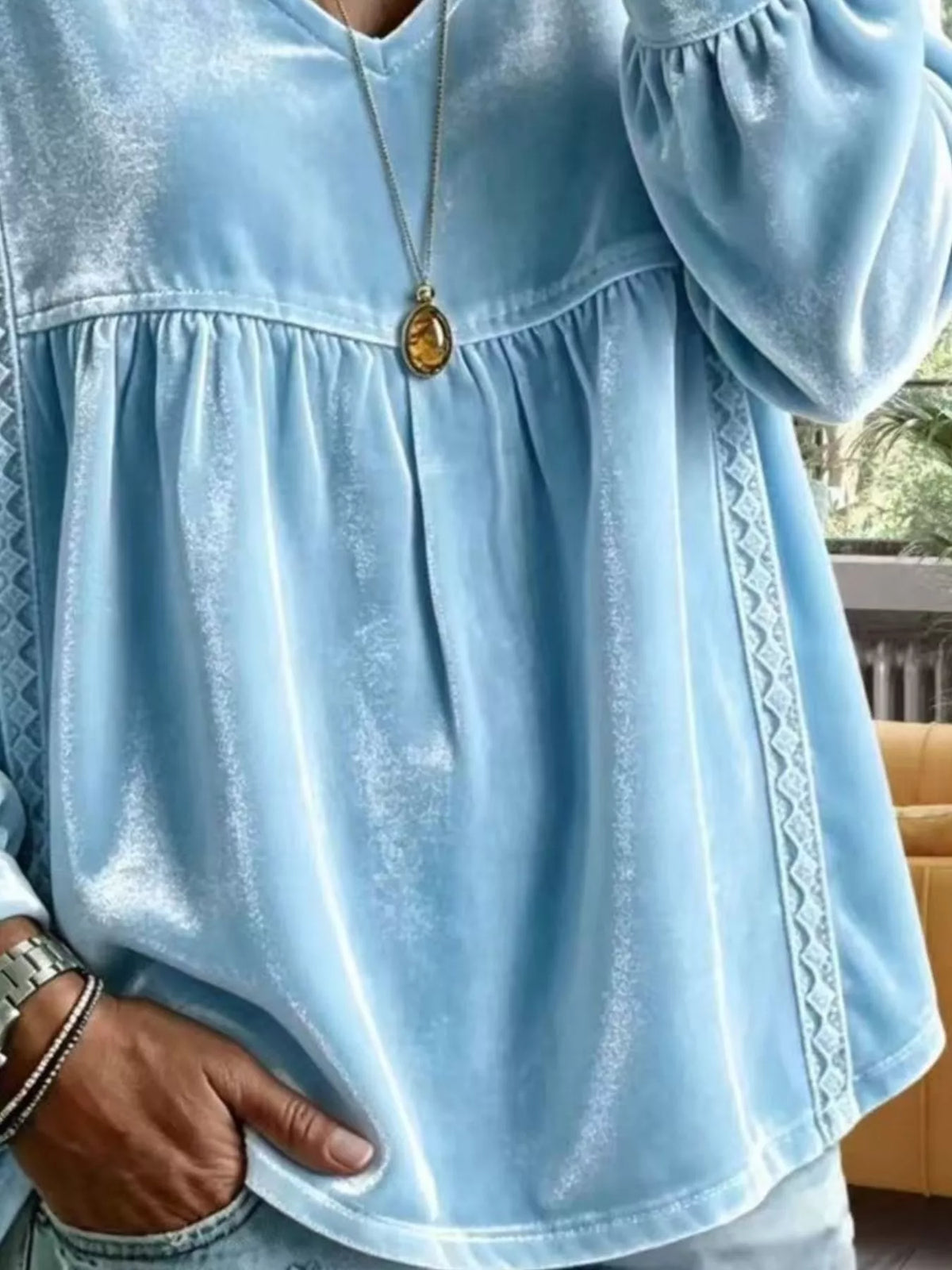Full Size Velvet Lace Detail V-Neck Blouse Plus Size