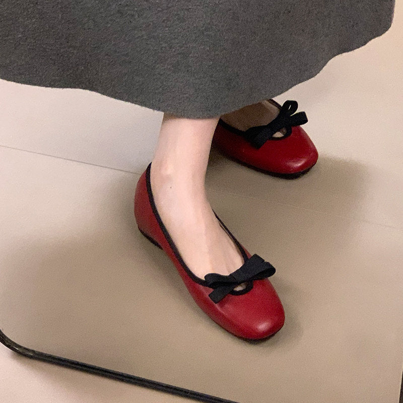 Women Elegant Round Square Toe Hidden Height Flats, Bow Decor Mary Jane Slip On Ballet Shoes, Matching Dress Casual Footwear 2026
