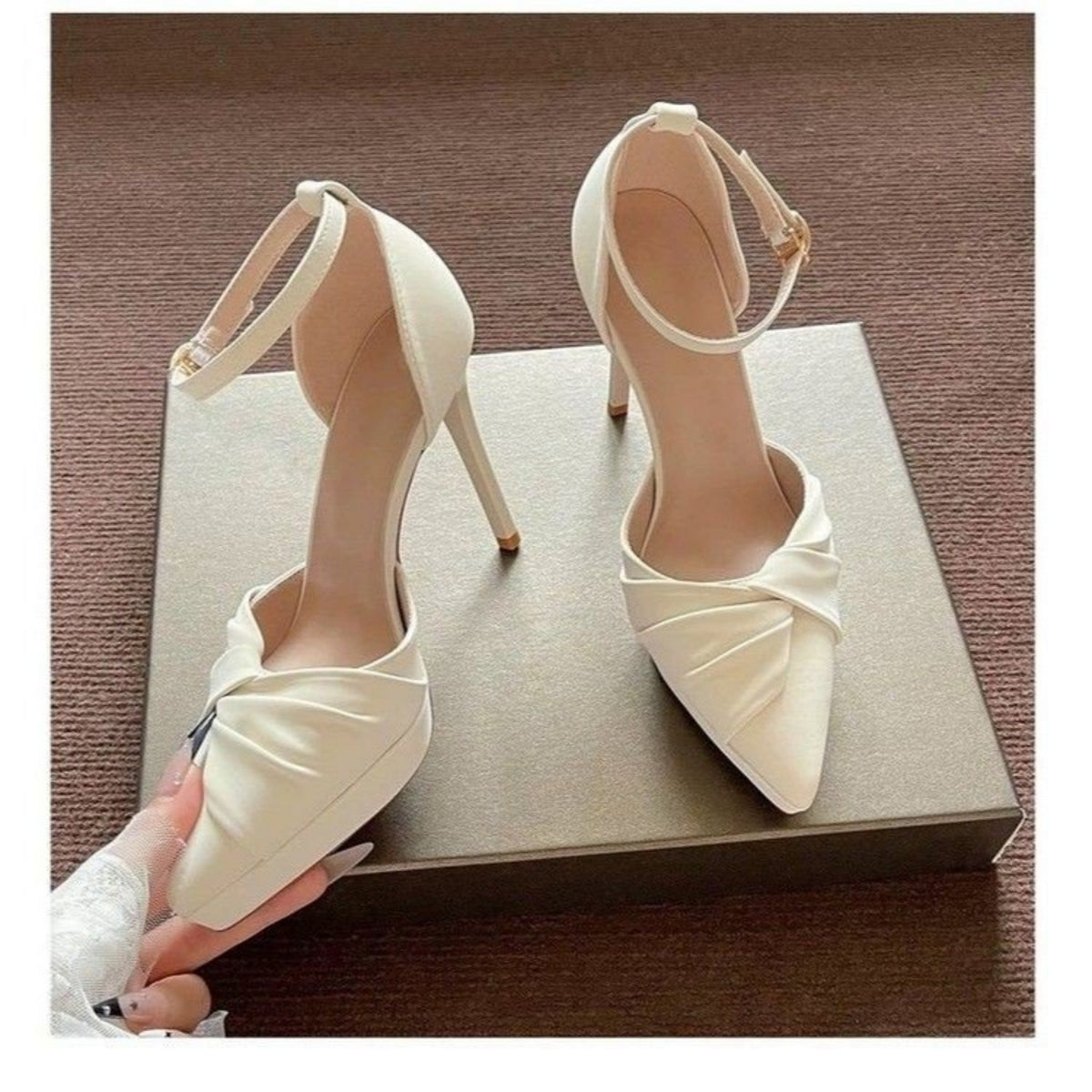 Women Pleated Square Toe Platform High Heels Ankle Strap Stiletto Pumps Wedding Party Dress Shoes