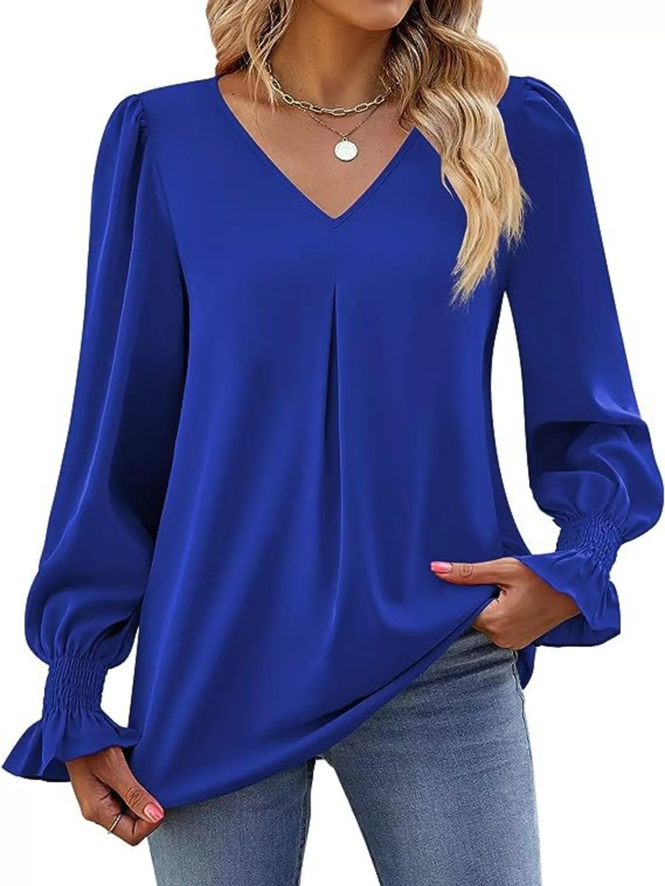 V-Neck Long Sleeve Ruffle Cuff Blouse