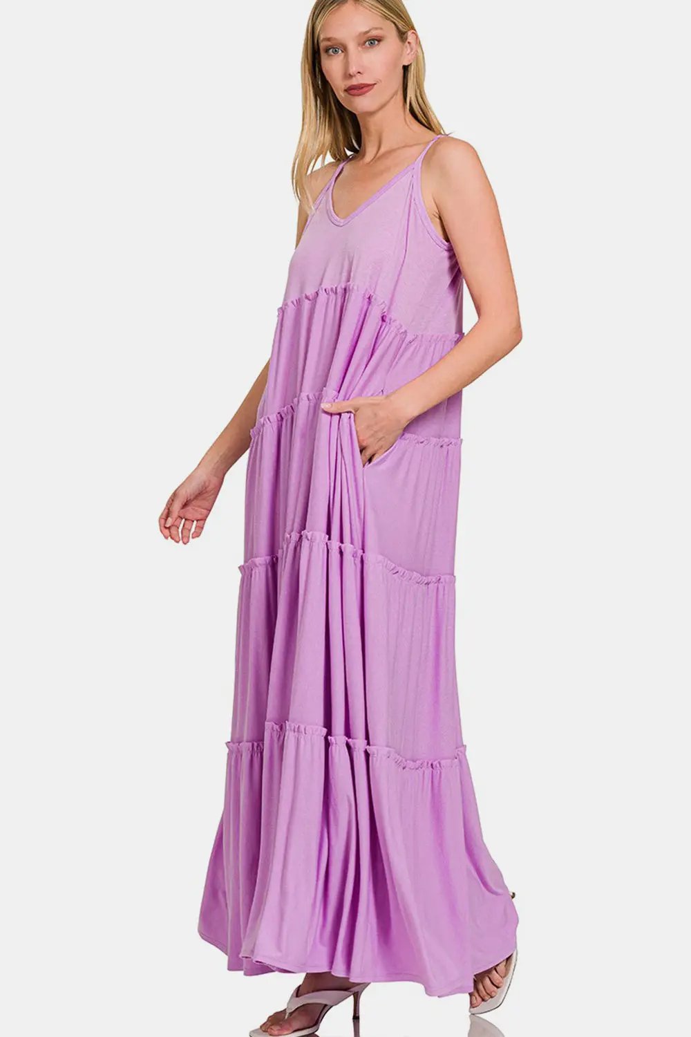 Dresses Trendsi usa - Zenana Frill Tiered V-Neck Maxi Cami Dress