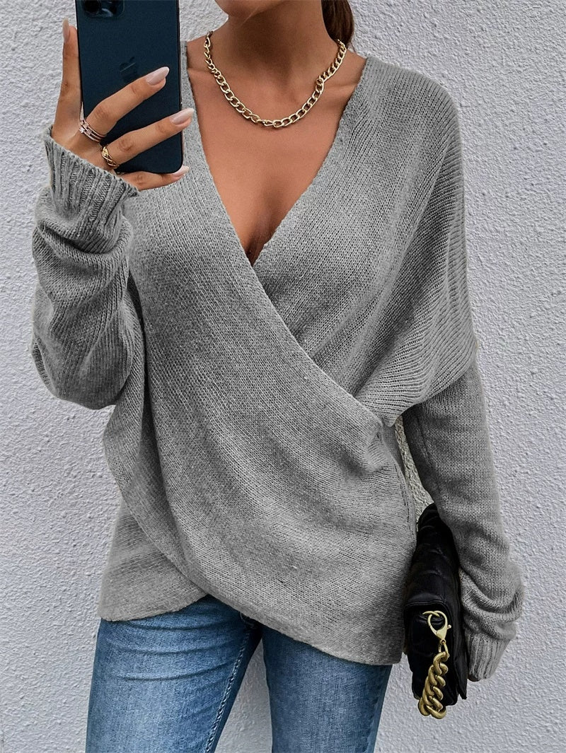 Autumn Winter Fashion V-neck Cross Knit Women Sweater Tops