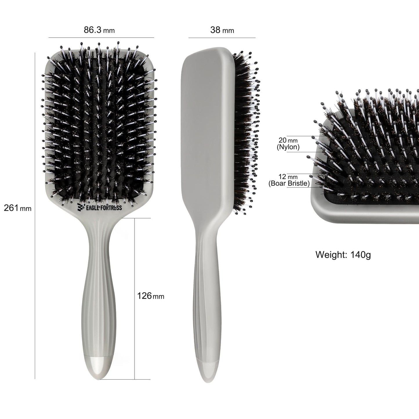 Eagle Fortress Boar Bristle Paddle Brush - Grey