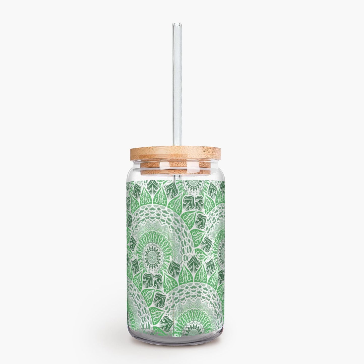 Boho Green Mandalas 16 oz Glass With Lid and Straw