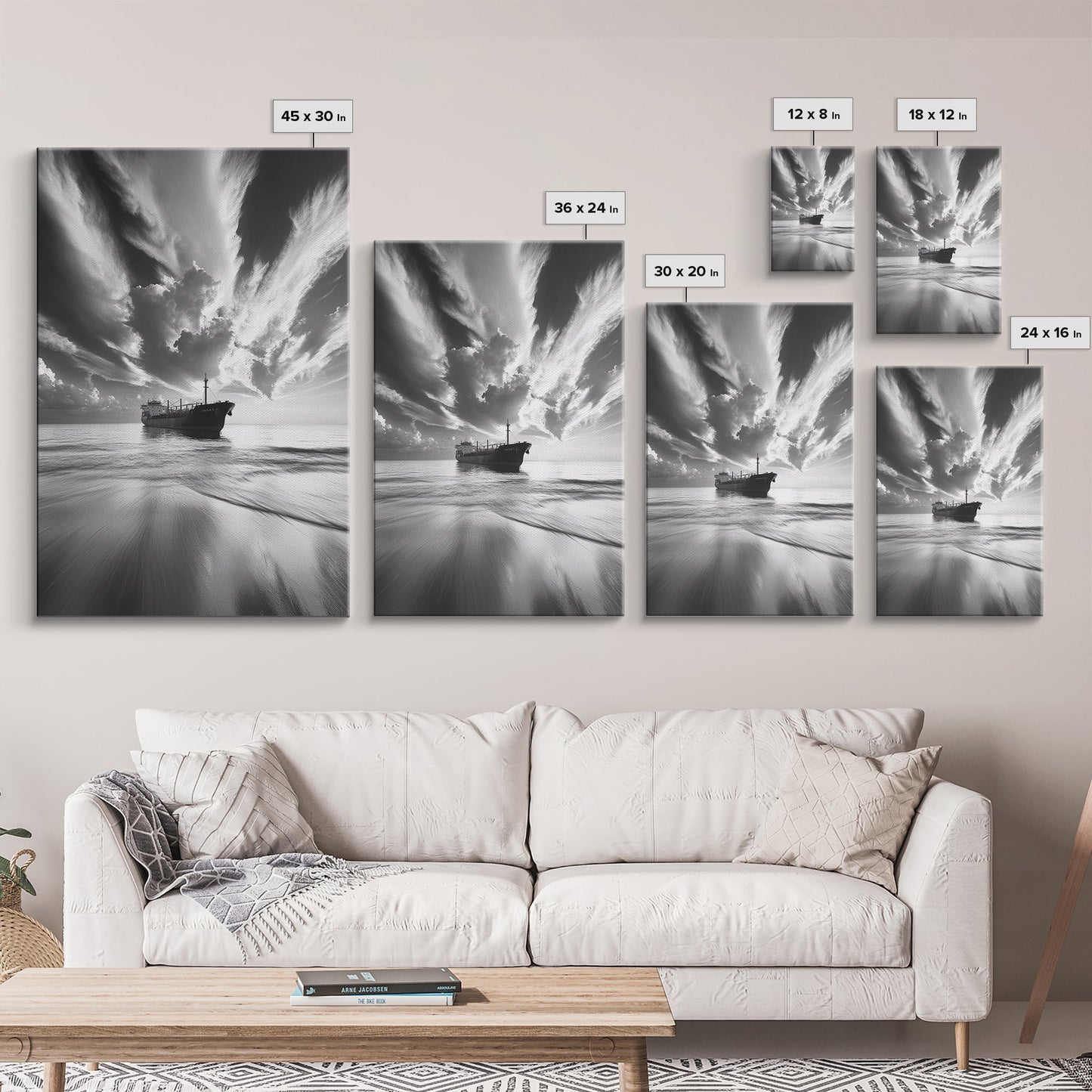 Stormy Sky Ship, Dramatic Seascape, Black White Photography, Ocean Nautical Decor, Framed Canvas Print, Coastal Wall Art, Moody Minimalist