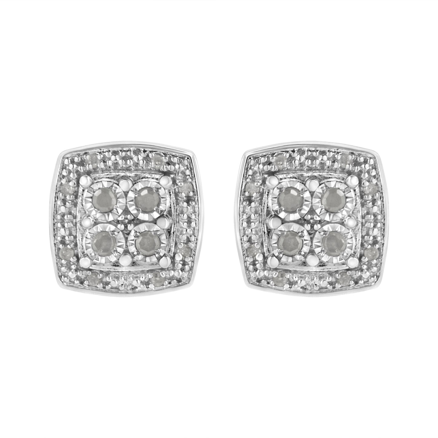 .925 Sterling Silver 1/4 cttw Round Cut Diamond Square Shape Milgrain Stud Earrings (I-J Color, I3 Clarity)