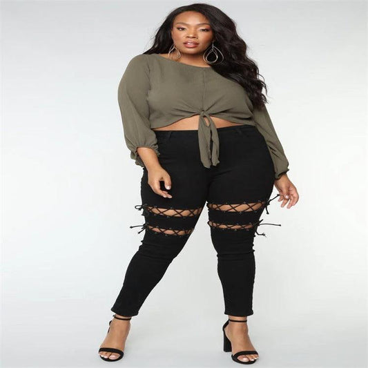 Pantalones vaqueros con tirantes de ojetes para mujer, talla grande