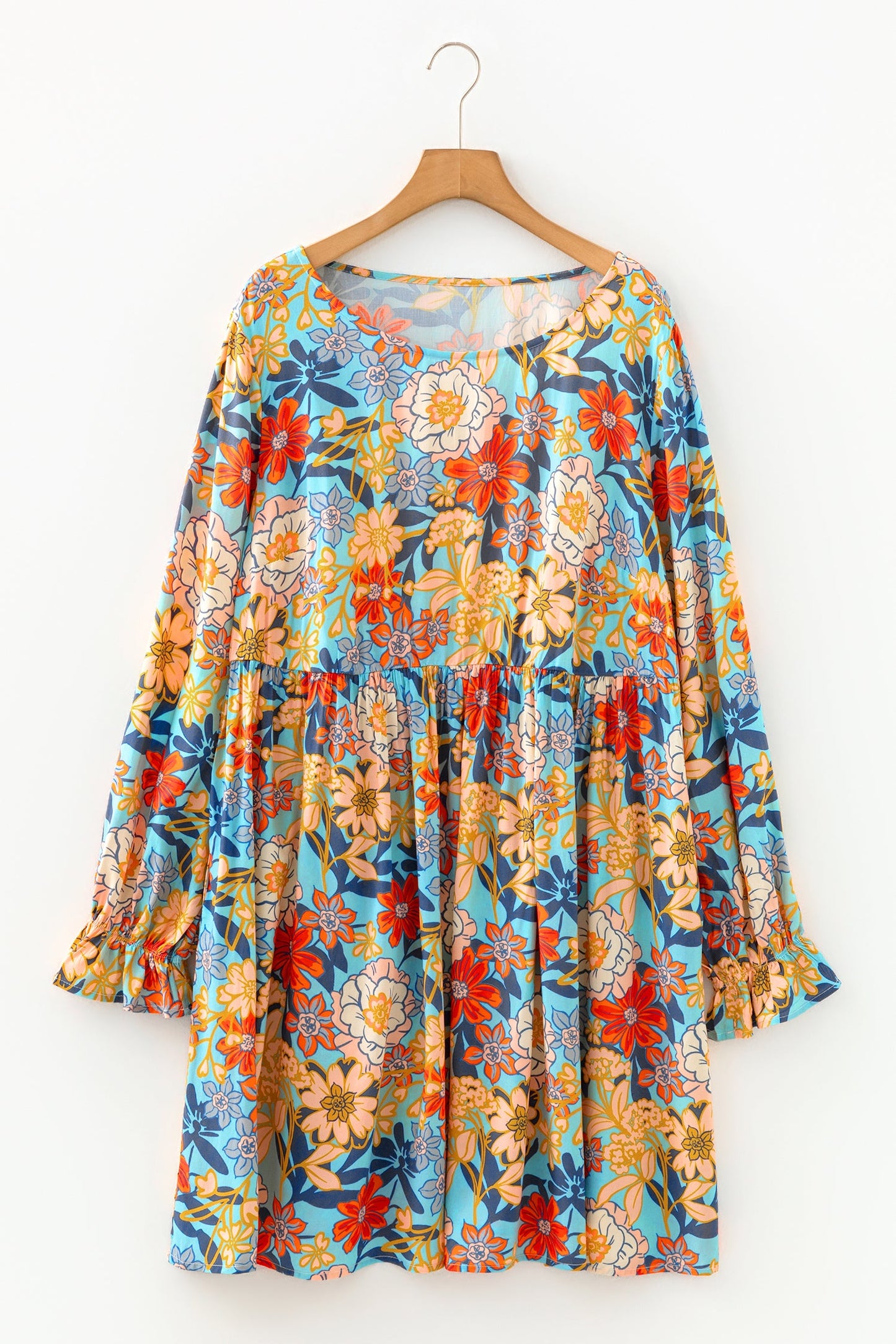 Vestido mini fluido floral con volantes y manga larga talla grande azul