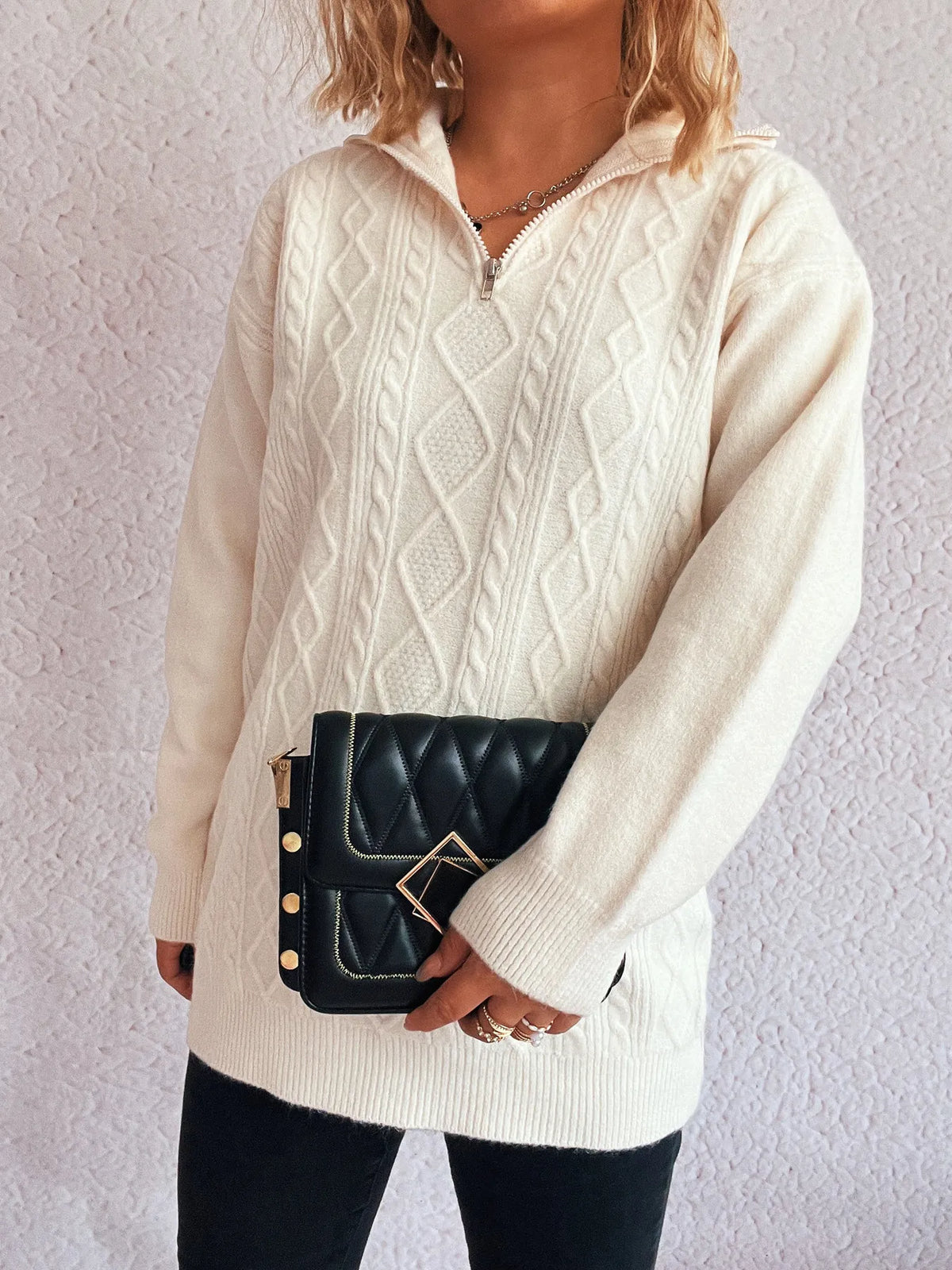 Texture Zip Collar Long Sleeve Sweater