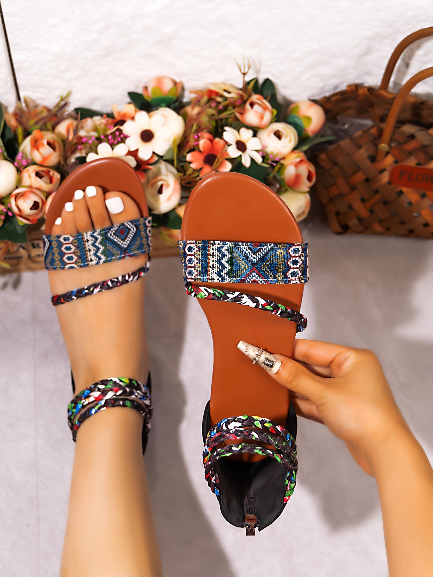 Sandalias Romanas Bohemias para Mujer - Zapatos Planos de Punta Abierta con Cremallera Trasera