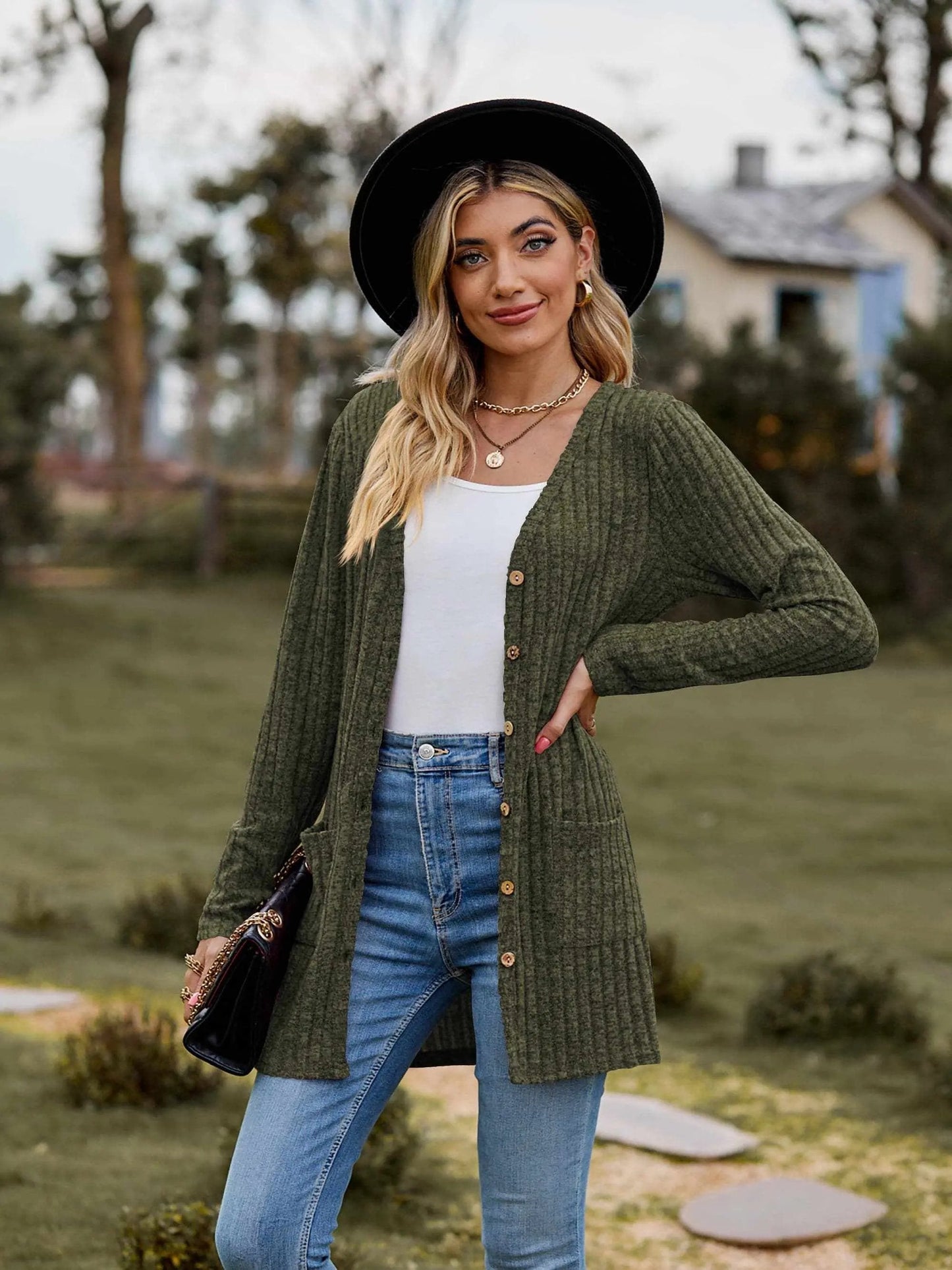 Sweaters Trendsi Heathered ribbed cardigan with pockets
